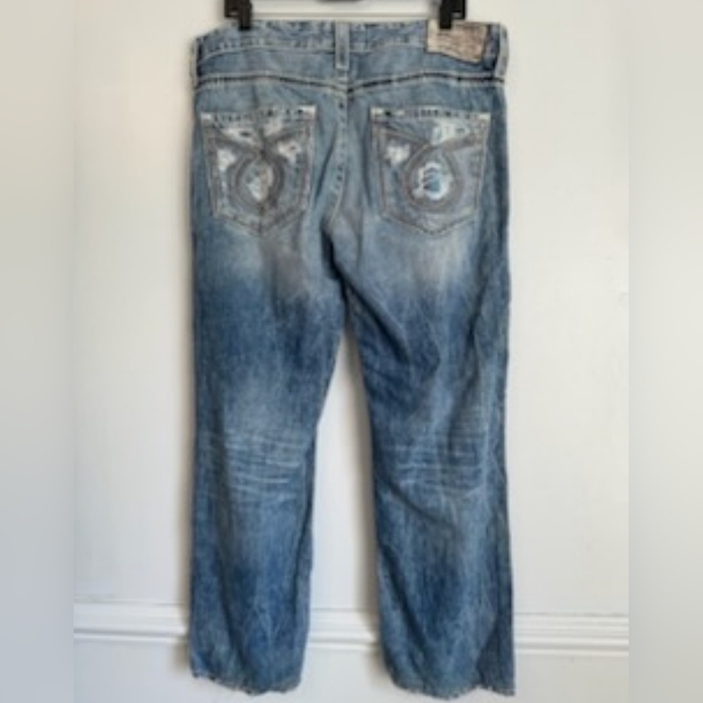 Big Star Pioneer Boot Distressed Jeans Mens 36 Thick Stitch Whiskered Patched